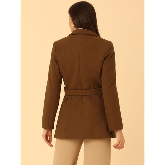 Double Breasted Short Pea Coat Tie Waist Winter Lapel Overcoat with Belt Caramel - Picture 4 of 5